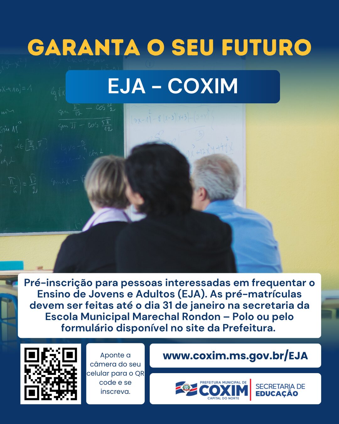 Prefeitura de Coxim abre consulta pública para matrículas no EJA