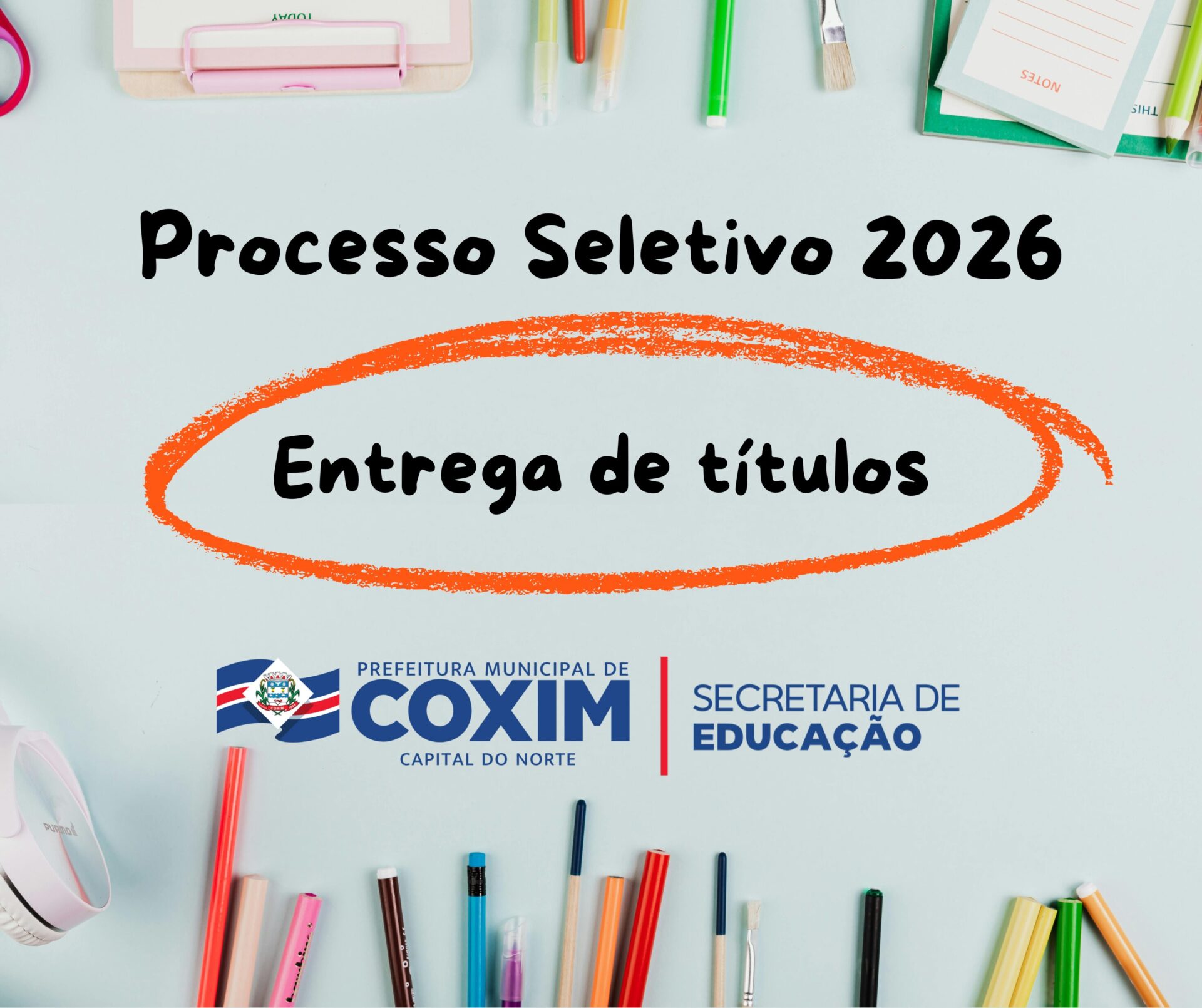 Prefeitura de Coxim convoca candidatos da Educação para entrega de títulos do Processo Seletivo 2026
